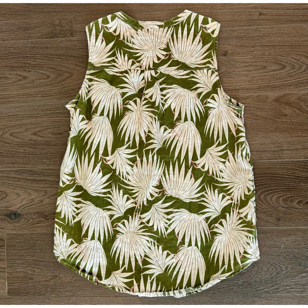 Tahari 100% Linen Sleeveless Blouse Green Floral Tropical Palm Womens small boho - Picture 5 of 7